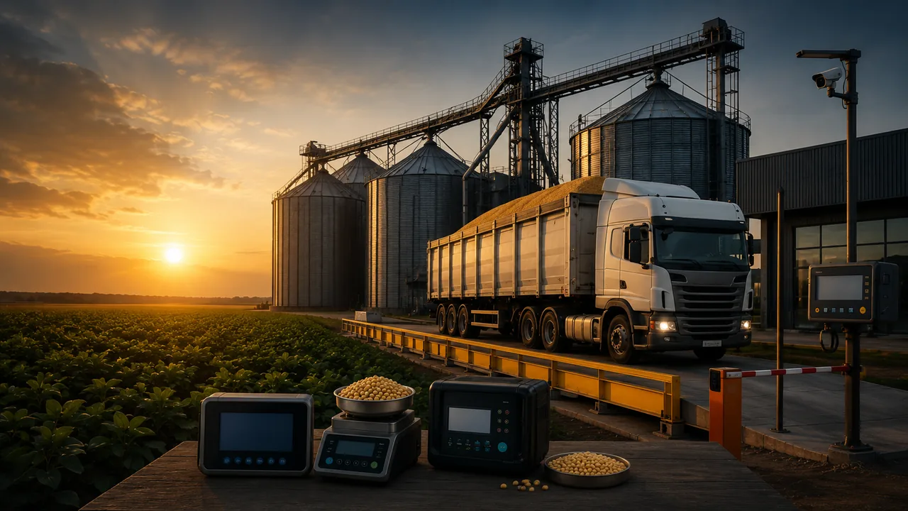 Silos, caminhão e equipamentos de pesagem para operação agrícola no Mato Grosso