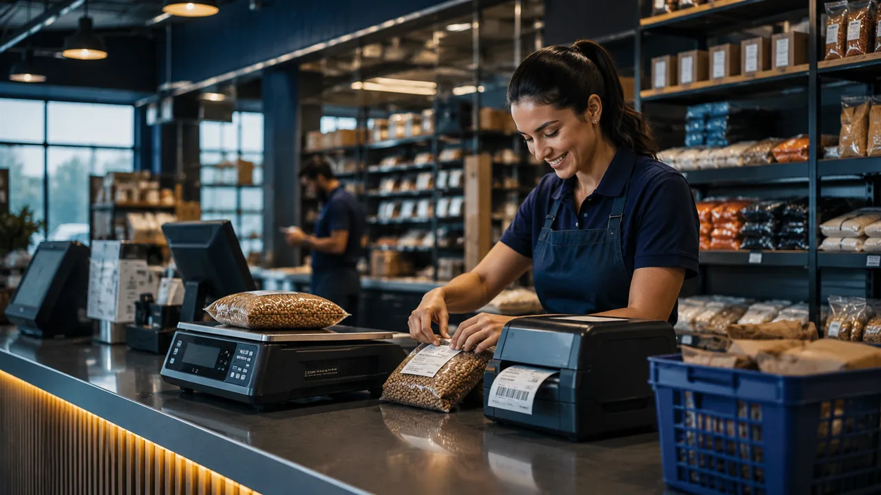 Balcão comercial com balança, impressora térmica e etiquetagem de produtos