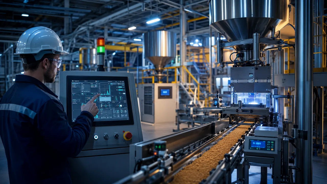 Linha industrial automatizada com controle de pesagem e dosagem