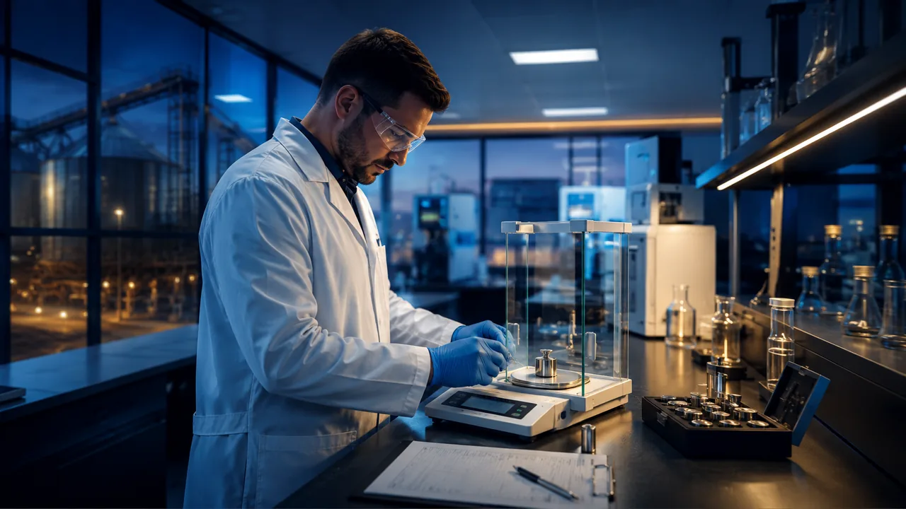 Técnico utilizando balança analítica em laboratório de controle de qualidade