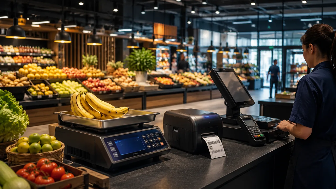 Balança comercial e impressora de etiquetas em área de checkout de supermercado